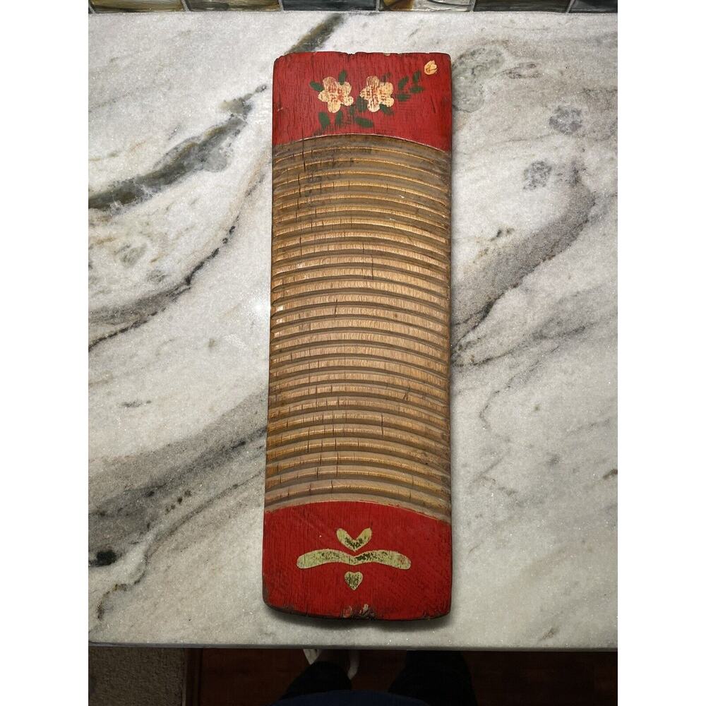 Antique Vintage Hand Painted Chinese Wooden Wash Board Scrub Board Red Floral - Picture 1 of 7